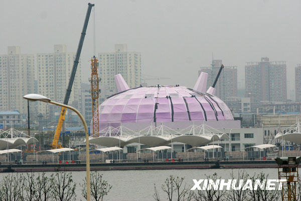 11月29日拍摄的上海世博园区场馆施工现场。随着2010年上海世博会临近，上海世博园区大部分场馆已初现雄姿。